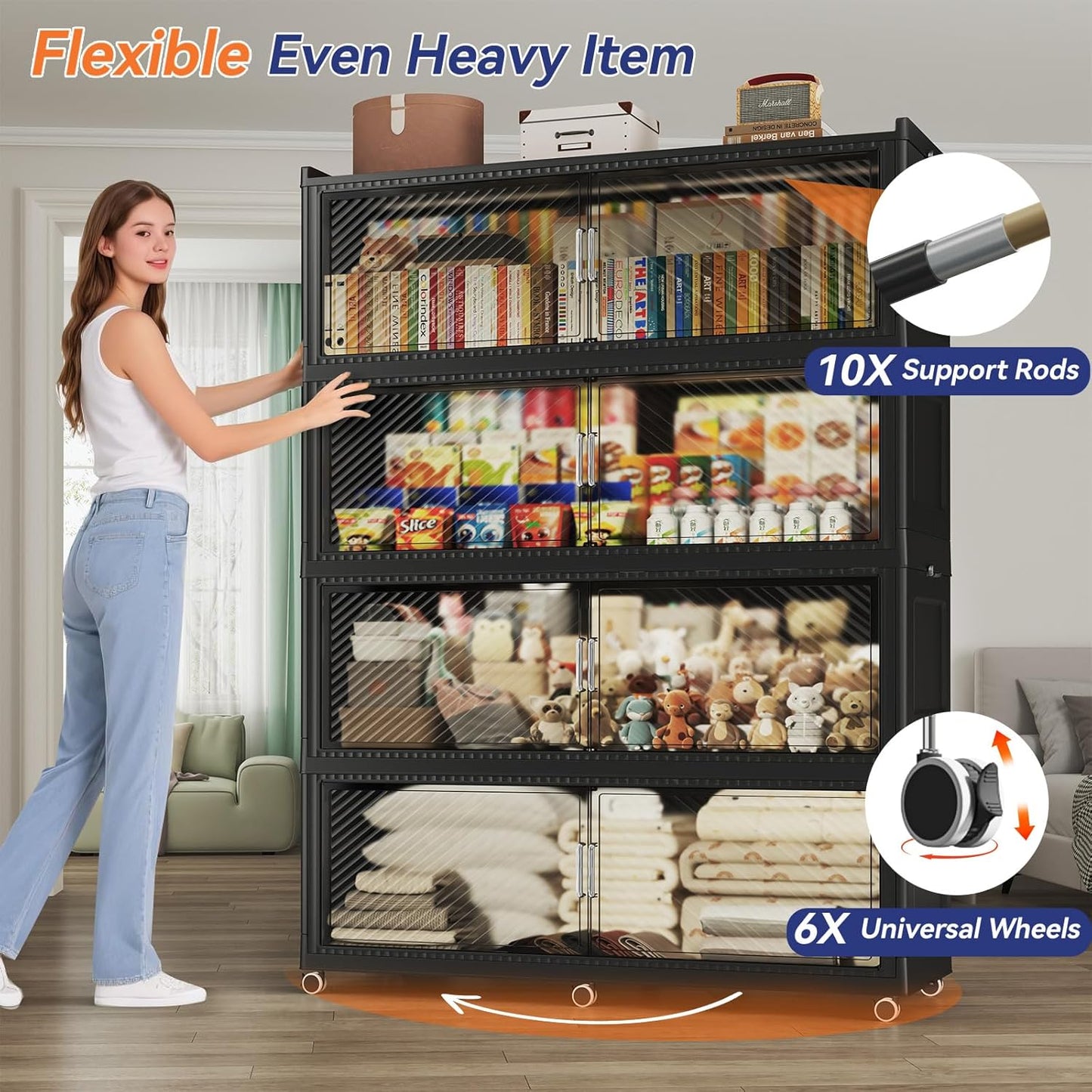 150GAL Extra Large Storage Bins with Lid, 600QT Plastic Stackable Storage Bins with 6x Wheels, Collapsible Closet Organizer and Storage Drawer Cabinet for Living Room Office Dorm, 3Pack Black