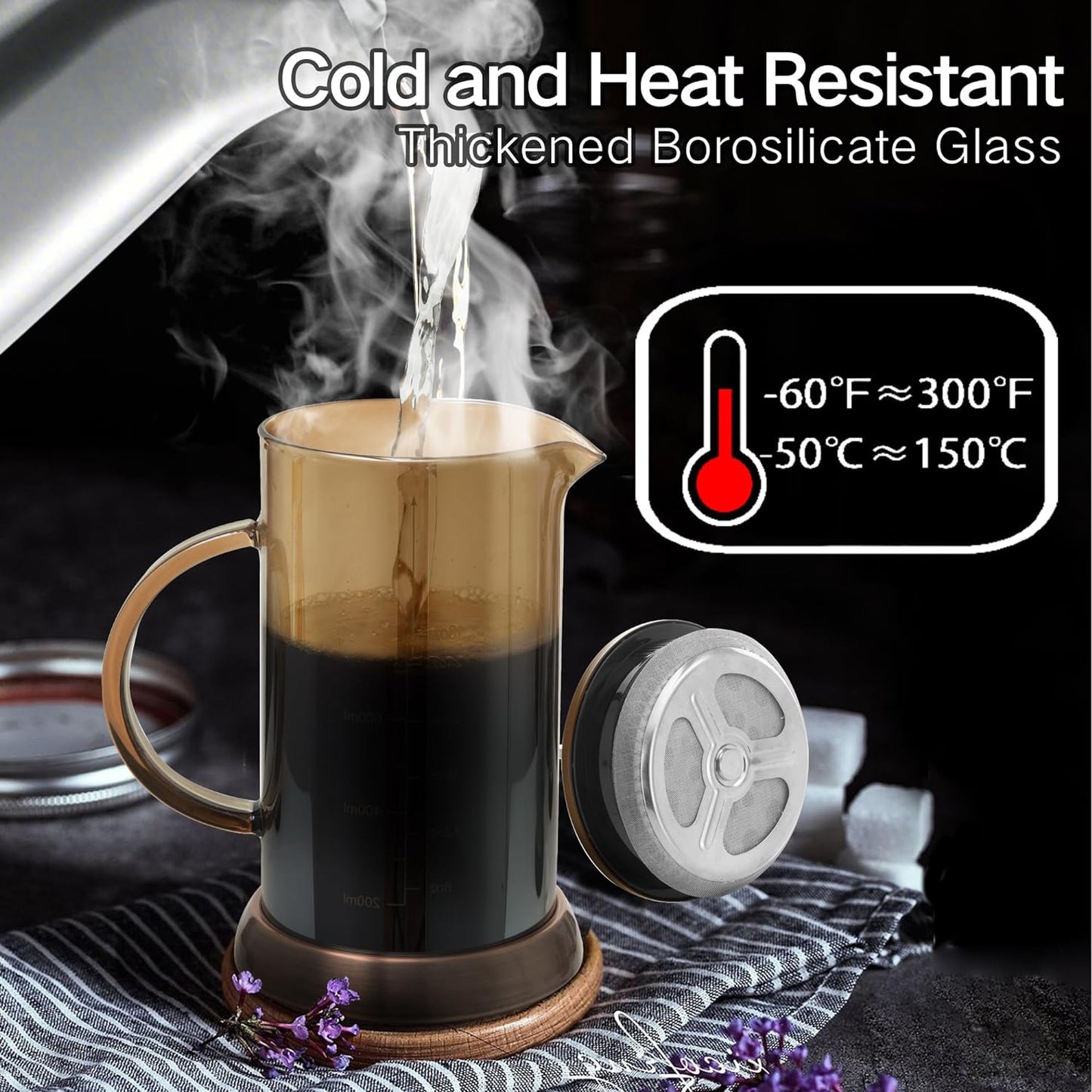 34 Ounce French Press Coffee Maker, 5-Cup Espresso Coffee Maker, Copper Cold Brew Heat Resistant Thickened Borosilicate Coffee Pot with 4 Stainless Steel Filter Screens