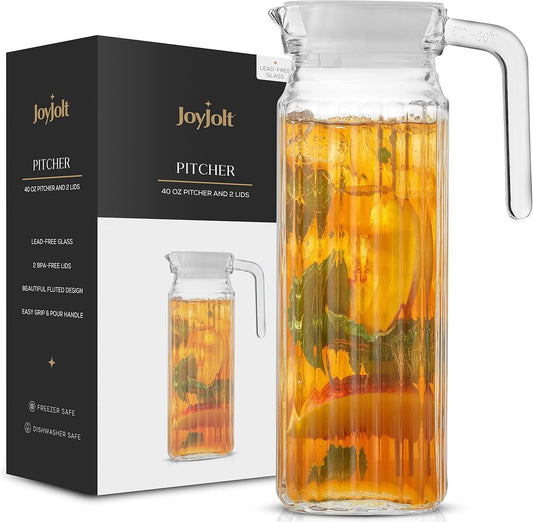 40oz Glass Pitcher with Lid (2 Lids) - Beverage Serveware, Storage Container and Carafe for Cold Drinks and Liquids. Glass Water Pitcher also for Juice, Bedside Carafe, Sun Tea Jar