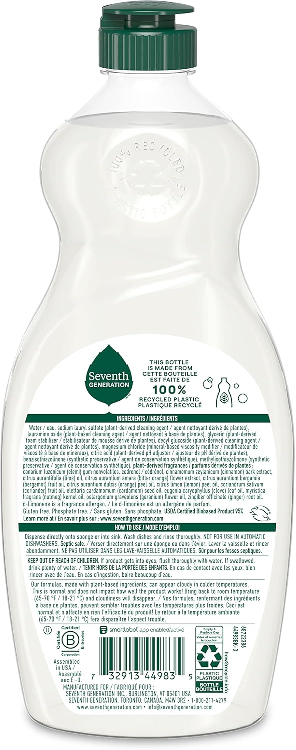 Seventh Generation Dish Soap Fresh Lime & Ginger Scent 1 count Dishwashing Soap Dish Detergent Liquid Soap 19 oz