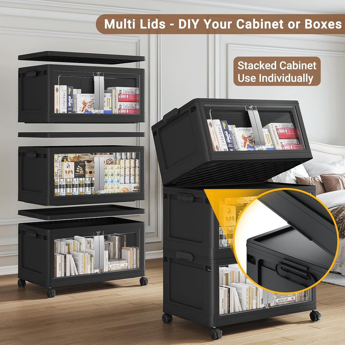 800QT Stackable Storage Bins with Lids, 200Gal Extra Large Collapsible Storage Box with Wheel, Plastic Storages with Clear Door Open Front for Home Living Room Garage, Black-5pack(5 lids)