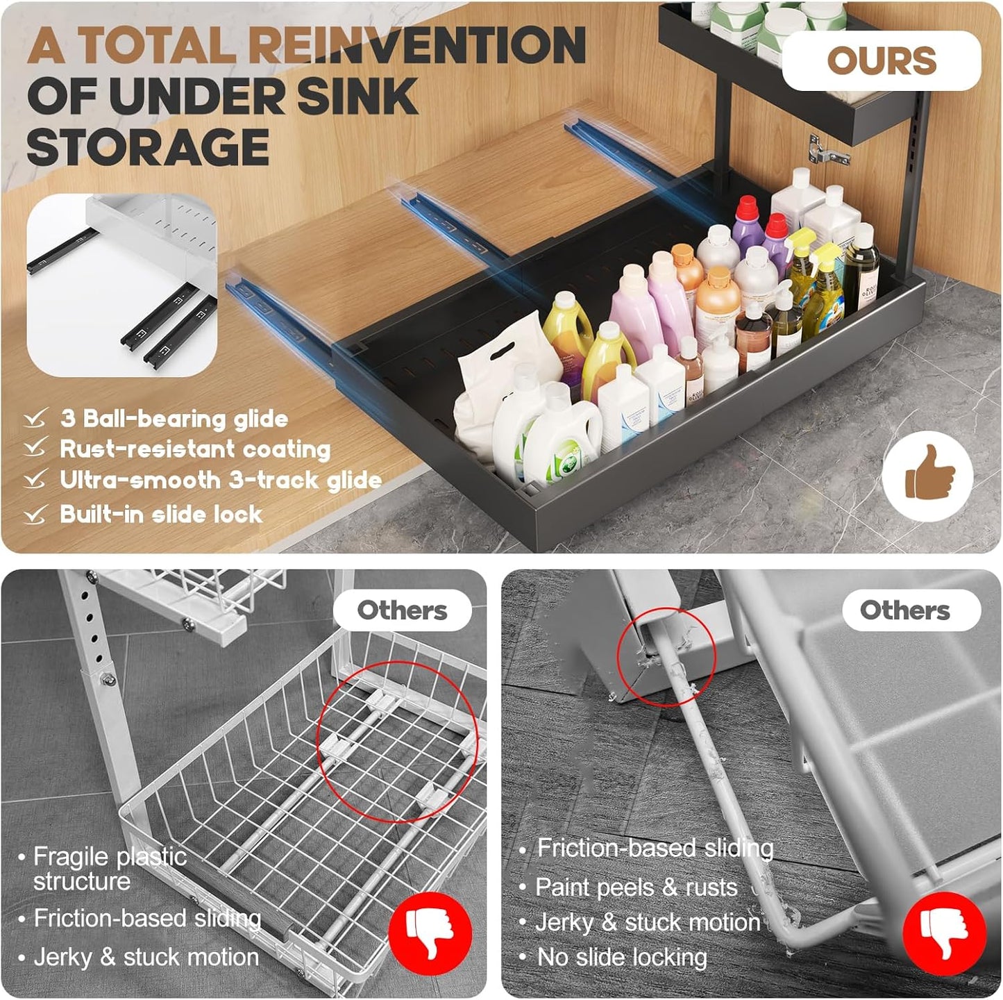 1-Pack L-Shape Expandable Under Sink Organizer with 3 Ball-Bearing Slide Rails,2-Tier Pull-Out Under Cabinet Storage Shelf for Kitchen & Bathroom,Height-Adjustable Slide-Out Cabinet Drawer-Black