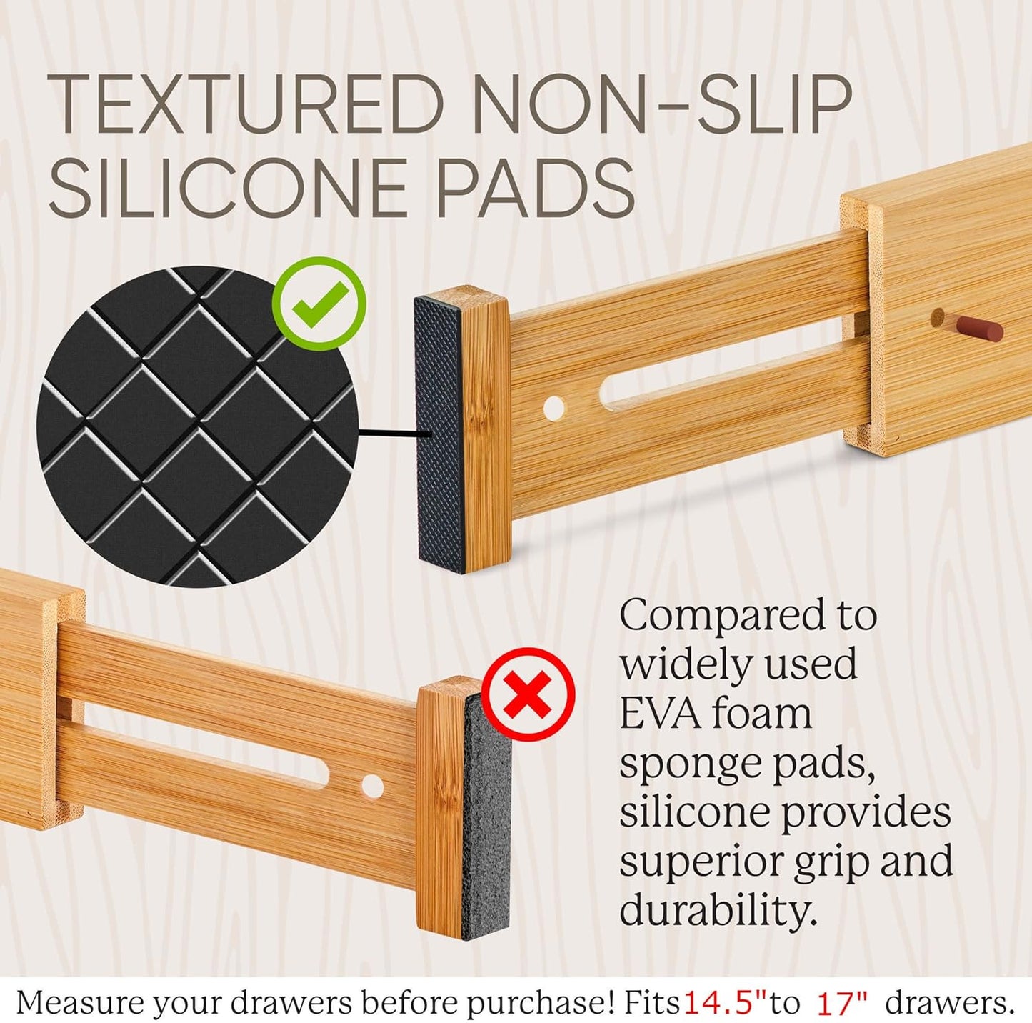 Night Tree Expandable Bamboo Drawer Dividers – Spring-Loaded Wooden Organizers for Clothes, Kitchen Utensils, Bathroom, and Dresser Drawers (14.5" to 16.5")