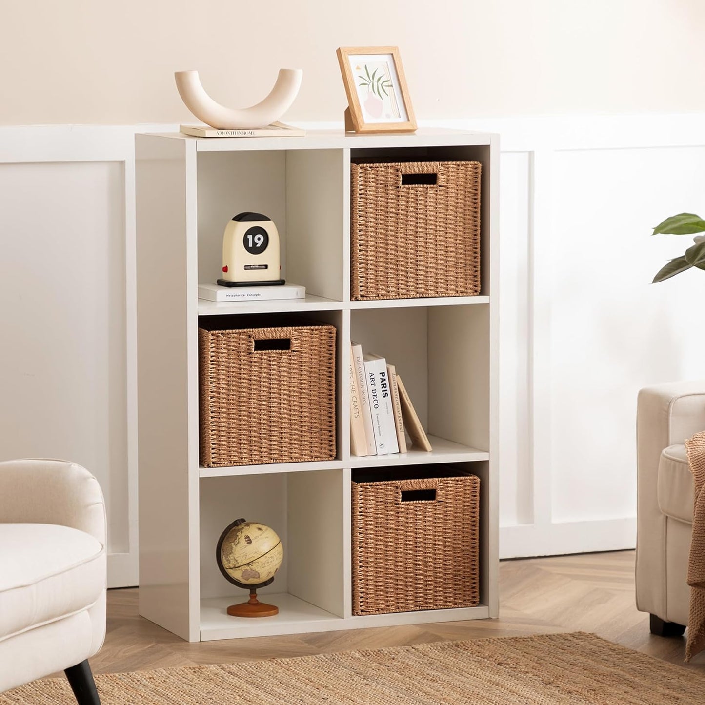 UBBCARE 4 Pack Wicker Basket, 11L×11H×10.5W inch Woven Paper Rope Storage Baskets for shelves, Foldable Cube Storage bin with Handle, Storage Basket for Organizing & Decor, Caramel