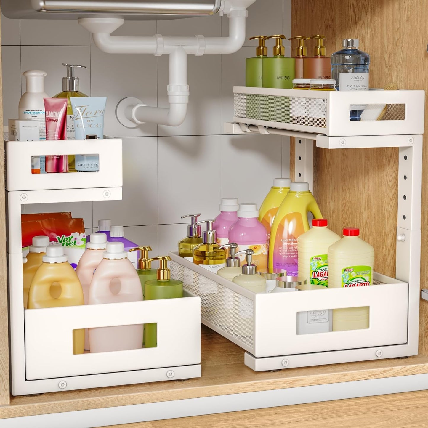 2-Pack Under Sink Storage Organizer, Large 2-Tier Elegant Mesh Pull Out Shelf for Kitchen and Bathroom Cabinet Organization, L-Shaped and Adjustable Height Design for Maximum Space Efficiency-White