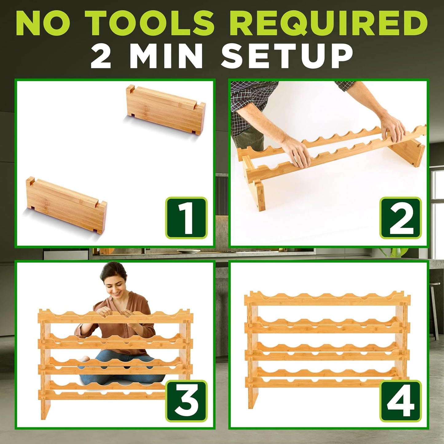 4 - Tier 24 Bottle Bamboo Stackable Wine Rack - Wobble-Free Modular Liquor Display Shelves, Compatible for Magnum Size Bottles | Can Hold up to 220.5 lbs (Natural)