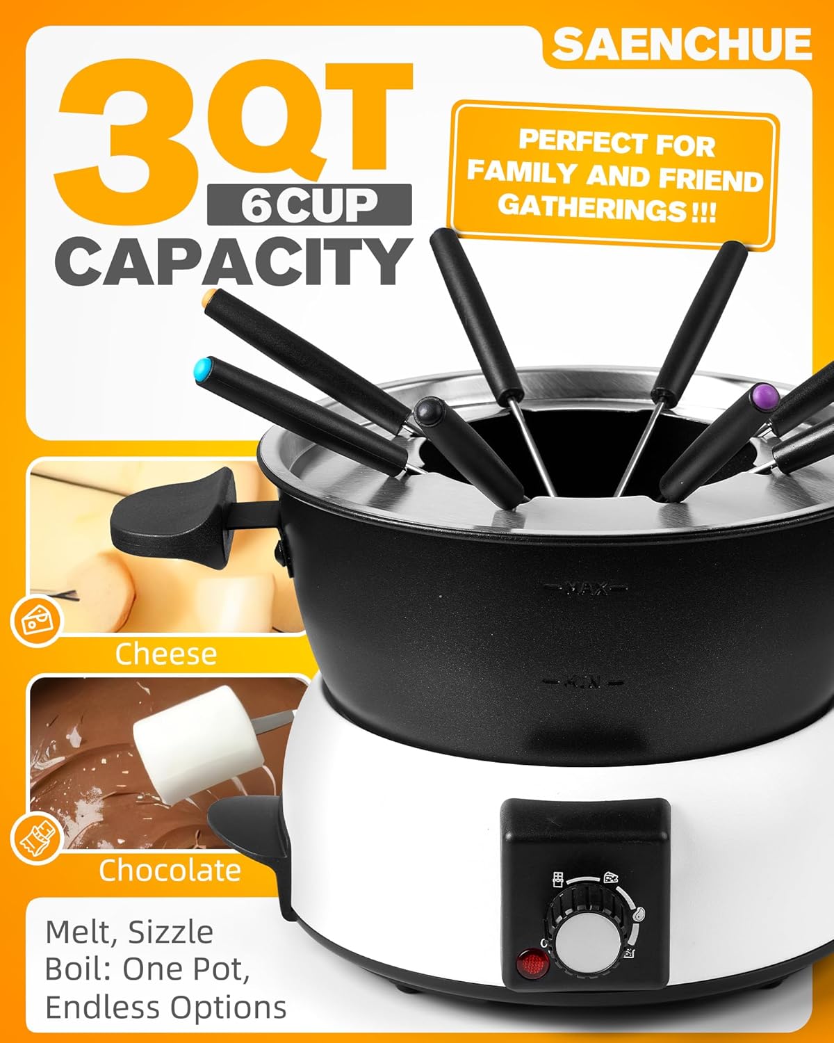 3-Quart Electric Fondue Pot Set – Stainless Steel Fondue Pot with 8 Color-Coded Forks, 3-Mode Adjustable Temperature Control for Cheese, Chocolate, Oil, and Hotpot, Model FD-10B