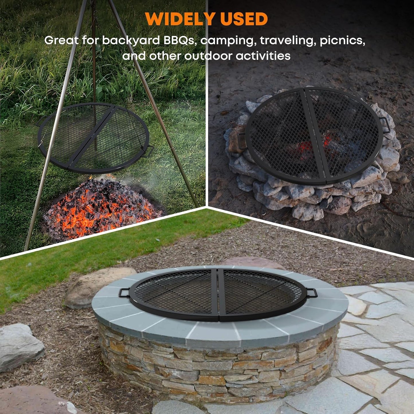 Stanbroil X-Marks Fire Pit Cooking Grill Grates, Foldable Round Cooking Grate with Handles, 36 Inch Portable Outdoor Campfire BBQ Grill, Black