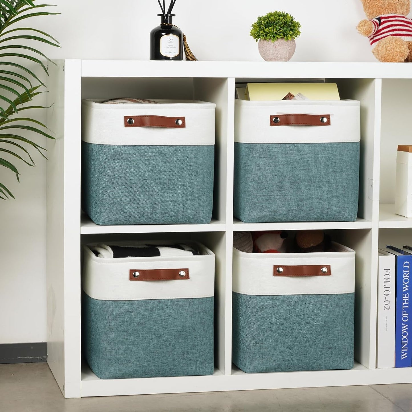 DULLEMELO 11x11 Cube Storage Bins for Organizer, Foldable Cube Storage Bins for Organizing Home Office Closet Shelves, Fabric Cube Baskets for Home Organization(4 Pack - White&Deep Green)