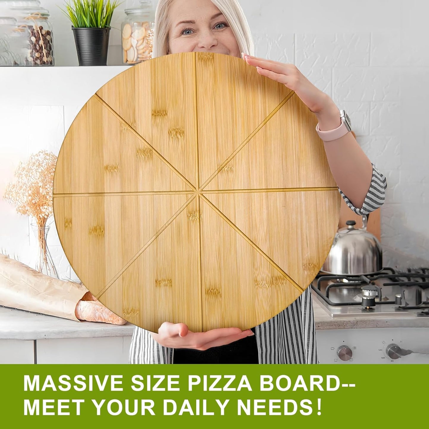 20" Round Cutting Board Pizza Cutting Board Extra Large 20inch Double Sided 3XL Pizza Prep Wooden Bamboo Serving Platter Tray Pizza Oven Accessories Circle Pre Block with Cutting Grooves
