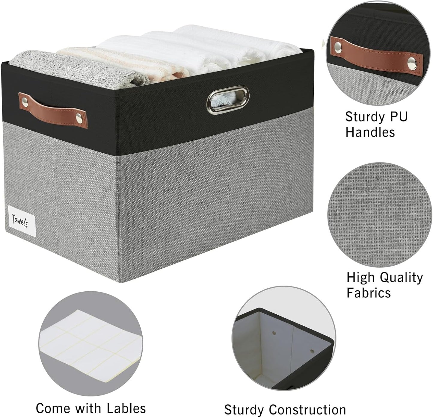 Large Collapsible Fabric Storage Bins with 3 Handles, Foldable Organizer Baskets for Closet, Shelves, Living Room | 3 Pack, Durable PU & Metal Handles (17"x11.8"x11.8", Black & Gray)