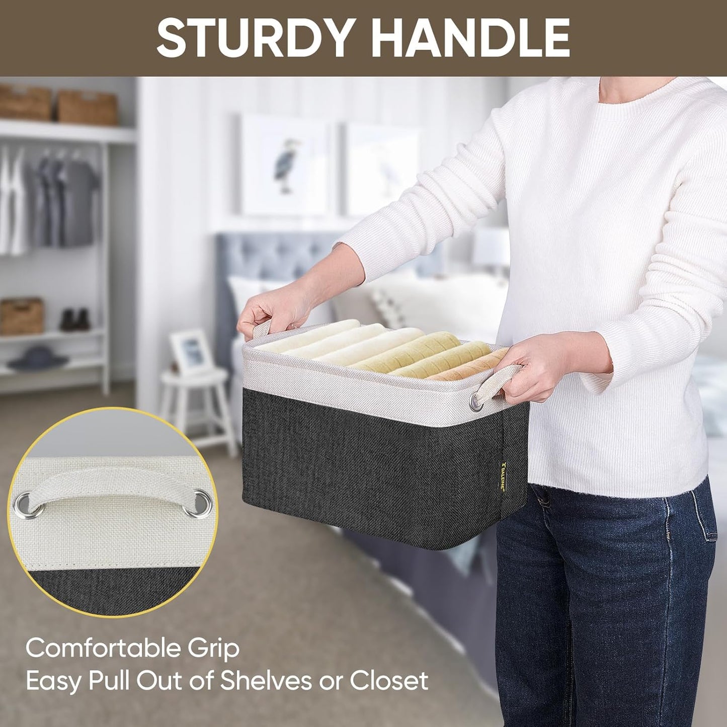 BALEINE 4 Pack Fabric Storage Bins for Shelves, Linen Storage Baskets for Organizing, Decorative Closet Bins for Clothes, Home (Black, 12"x8"x8")