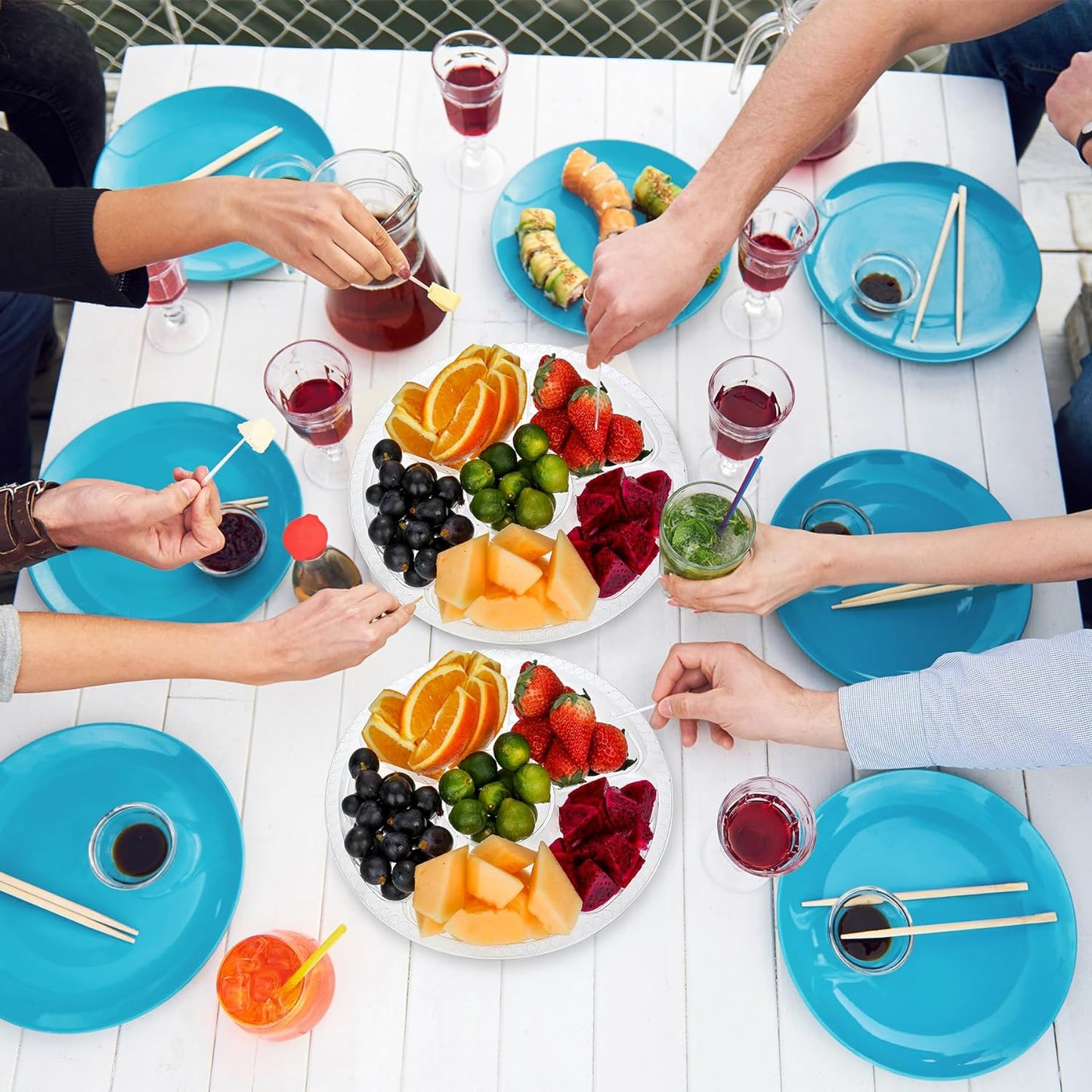 12 Pack Round Plastic Veggie Tray with Lid Fruit Tray 6 Divided Compartment Container Food Serving Dip Platter Reusable Catering Trays for Veggie Fruit Snack Party and Buffet Trays（Clear，12inch）
