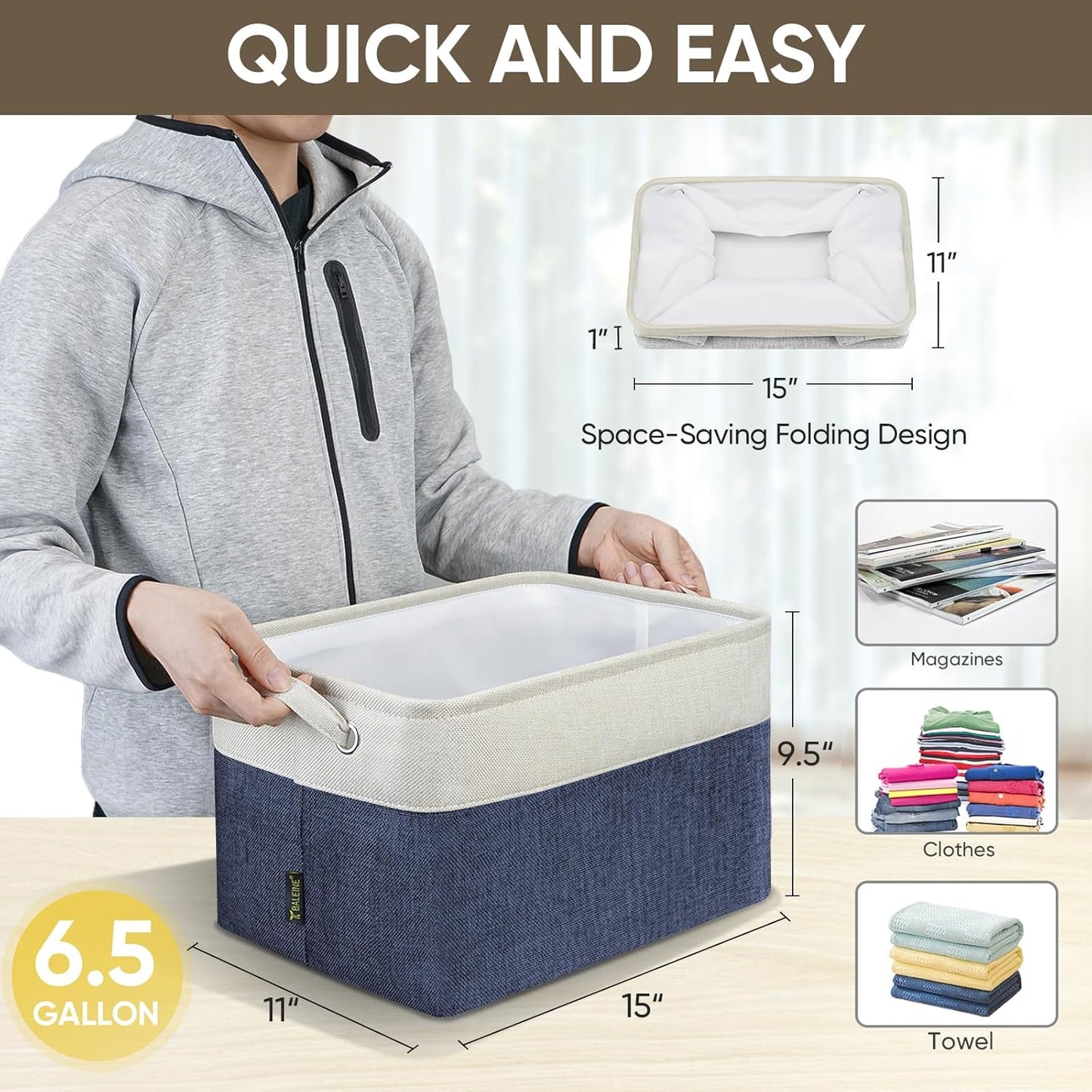 BALEINE 3 Pack Fabric Storage Bins for Shelves, Linen Storage Baskets for Organizing, Decorative Closet Bins for Clothes, Home (Navy Blue, 15"x11"x9.5")