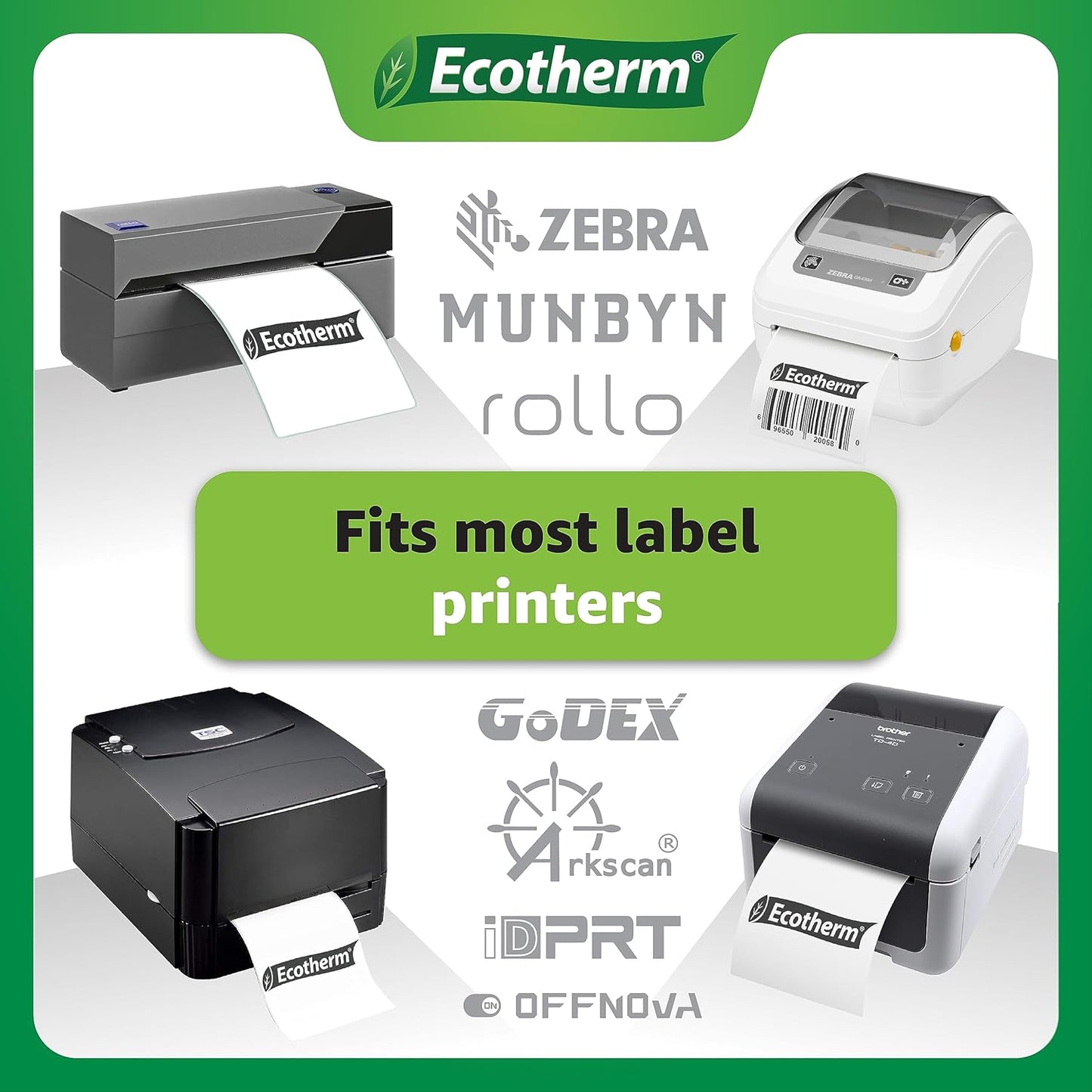 3" x 3" Thermal Labels | 4 Rolls | 2100 Labels | fits Zebra, Munbyn, Rollo, Godex, Arkscan, iDPRT, Offnova Thermal Label Printers and More | Blank White Adhesive Stickers by Ecotherm