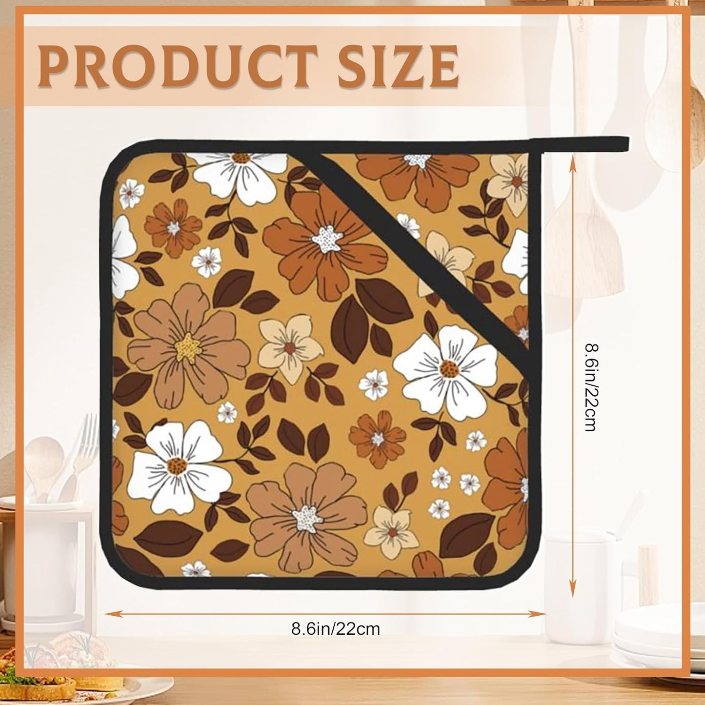 2 Pack Vintage Floral Pot Holders for Kitchen Heat Resistant, White Brown Flowers Potholders for Kitchens Washable for Cooking & Baking & Microwave