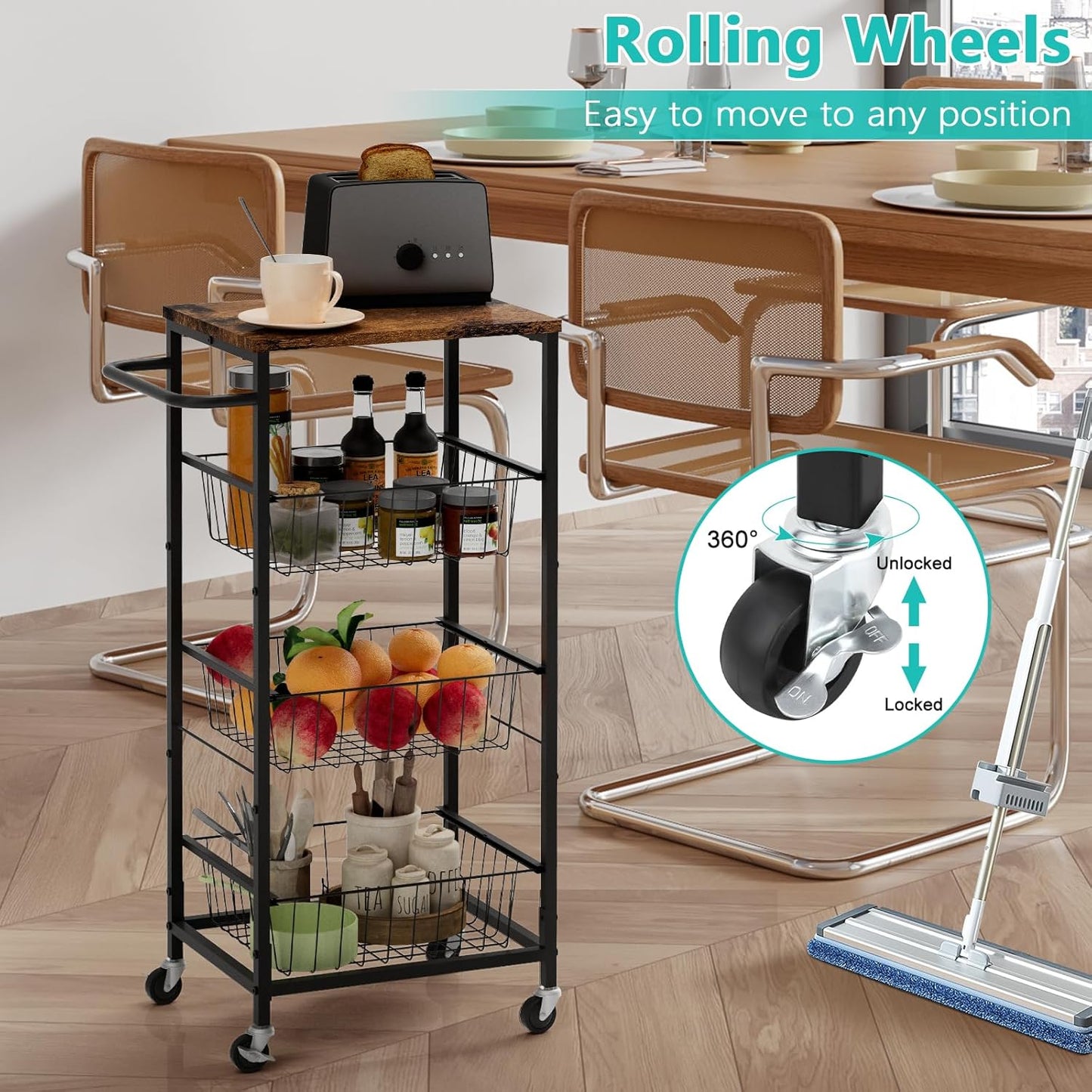 4 Tier Rolling Storage Cart, Kitchen Utility Storage Cart with Pull-Out Fruit Baskets, Mobile Pantry Cart with Wheels, Kitchen, Bathroom, Brown