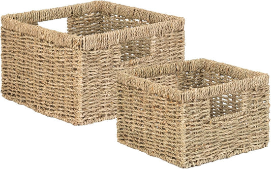 Wicker Storage Basket, Rectangular Seagrass Baskets with Handles, Handwoven Decorative Wicker Basket for Shelves, Bedroom, Set of 2, Large and Small (Natural Seagrass)