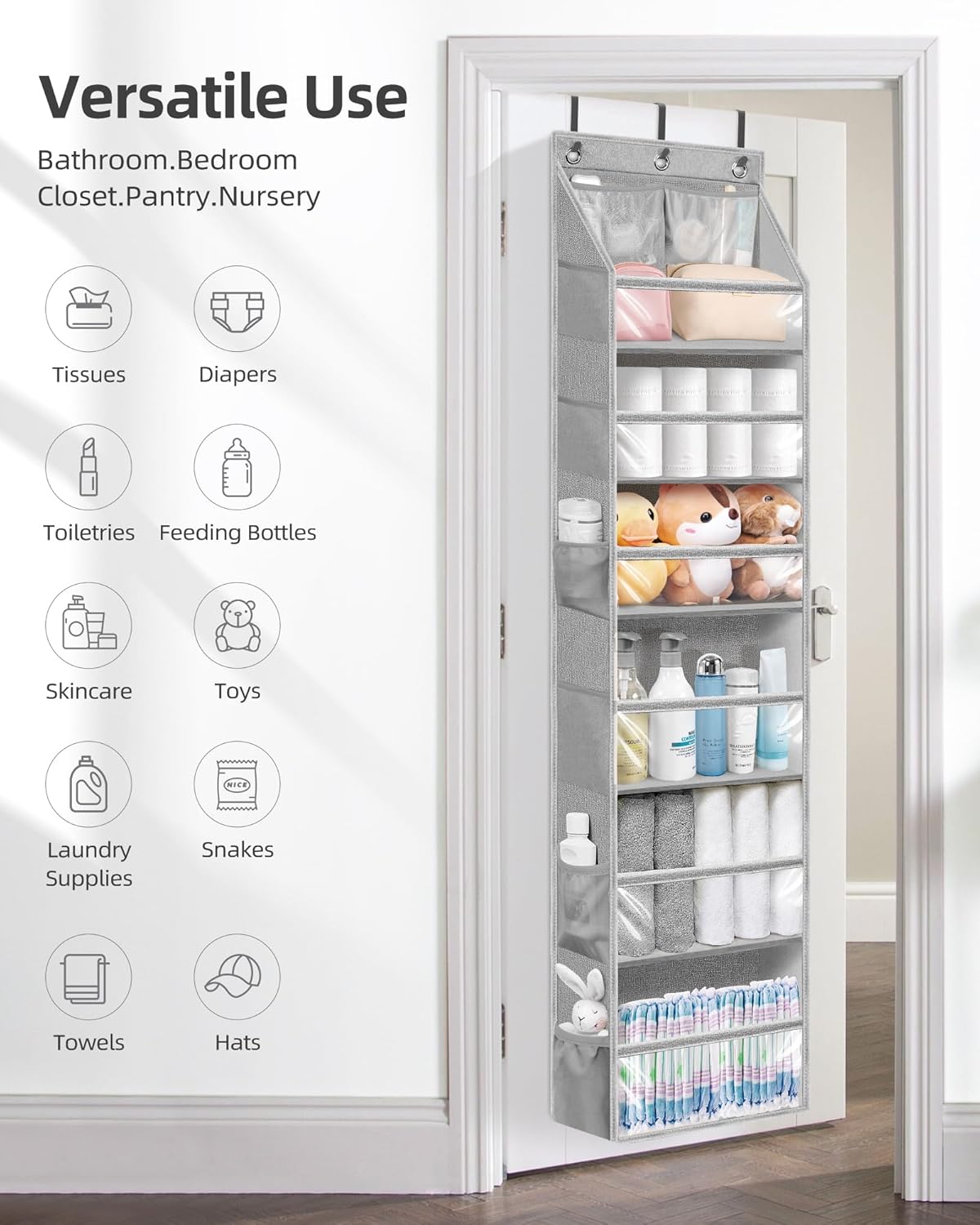 STORAGE MANIAC Over the Door Organizer Large Capacity Hanging Organizer, Clear Deep Pockets Behind Door Closet Organizer and Storage for Nursery, Bathroom, Bedroom, Pantry, 1 Pack Grey