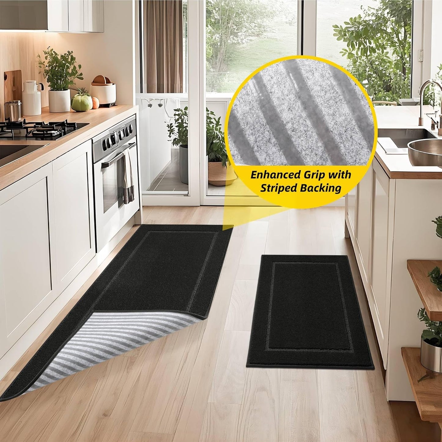 JSEI Non-Slip Kitchen Mats, Self Adhesive No Sliding Kitchen Rugs Set of 2, Washable Absorbent Floor Mat for Kitchen, Bathroom, Laundry Room, Bedroom, 20”x32”+20”x48”, Black, Rectangular Pattern