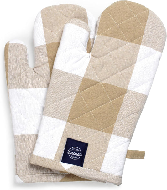 Encasa XO Long 12"x7" Oven Microwave Hand Gloves Mitts (2 pc Set) for Kitchen Cooking & Baking - Heat Resistant, Thick & Safe, Protection of Hands from Hot Utensils - Buffalo Beige Checks