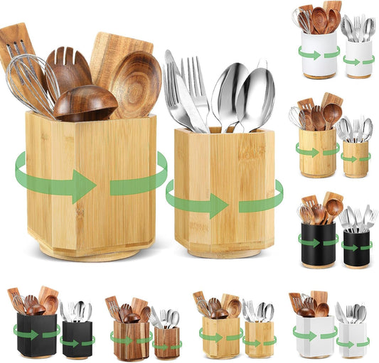 2 Pack Wooden Utensil Holder, 360°Rotating Kitchen Cooking Utensil Crock, Spoon Spatula Holder for Kitchen Counter, Farmhouse Countertop Organizer ()