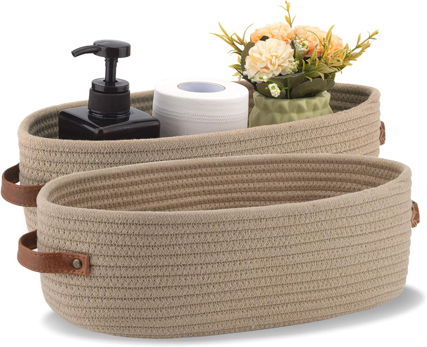 Set Of 2 Storage Basket Boho Decor Baskets for Organizing Woven Decorative Basket for Countertop Toilet Paper Basket for Toilet Tank Top Shelf Basket with Handle Khaki
