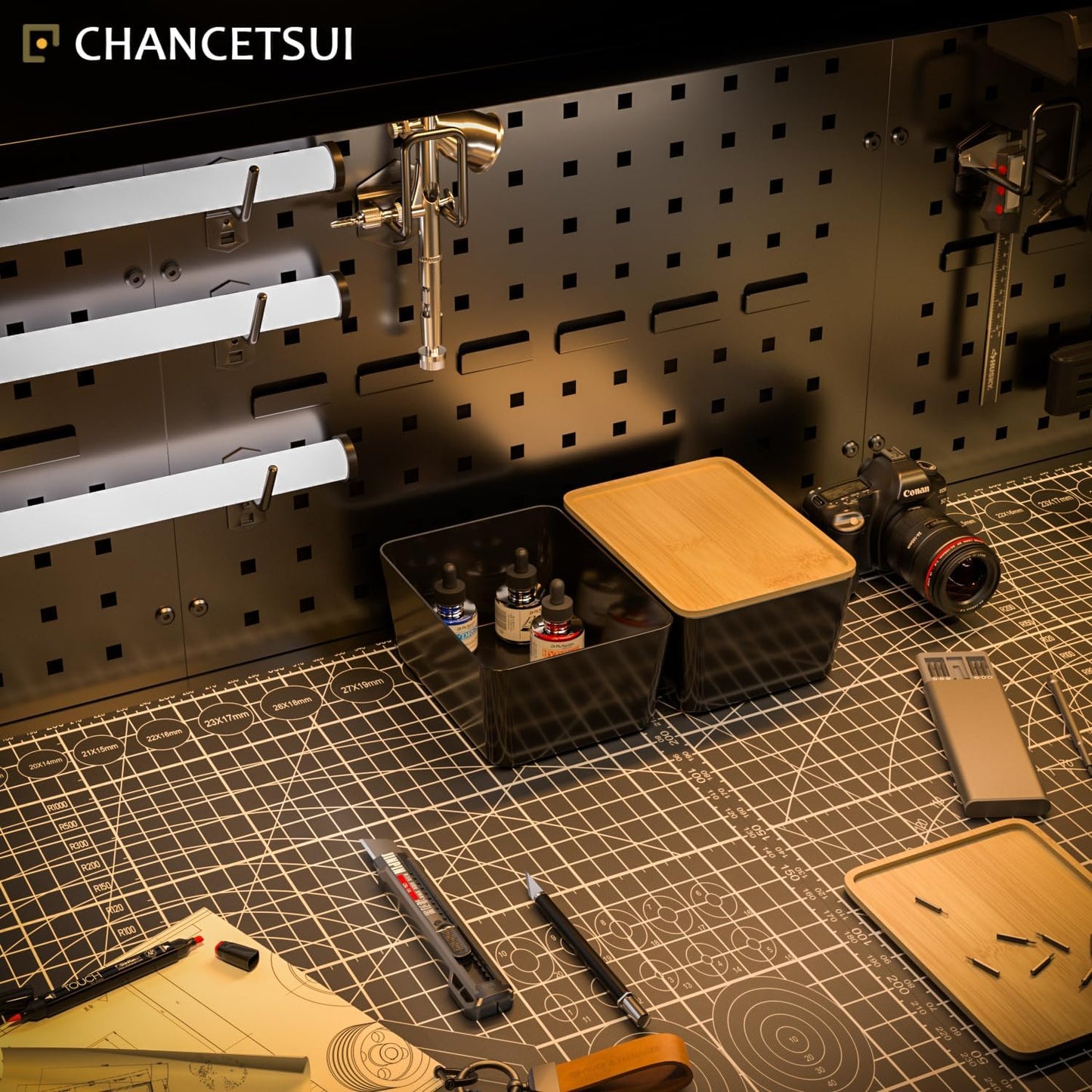 CHANCETSUI Stackable Storage Bins lids For Workplace: 5X7 Black Storage bins, Office Desk Accessories Storage Containers with Lids, Stackable Bins for Home and Office Organization, bamboo Lid, 2 Pack