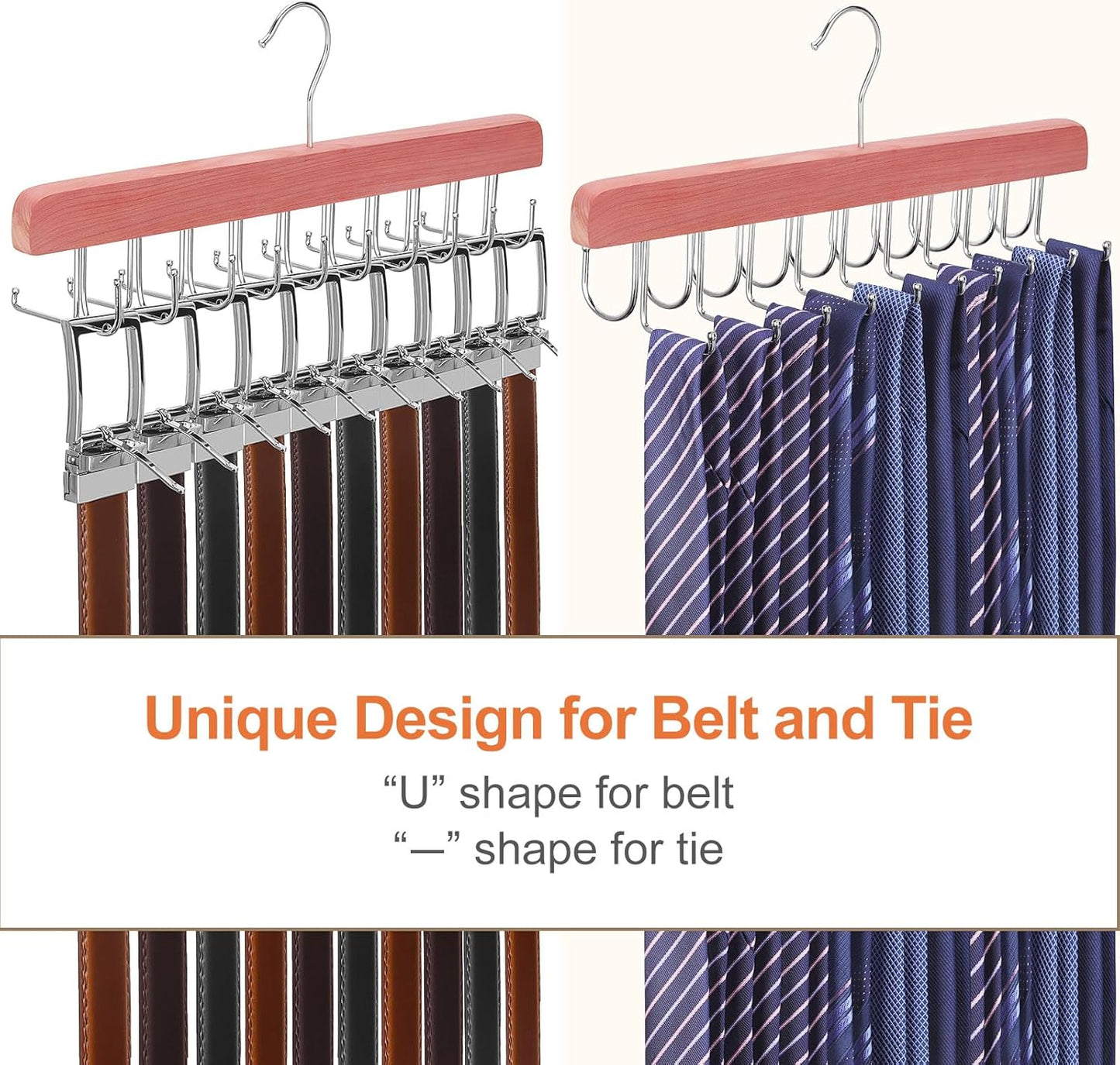 TOPIA HANGER Cedar 2 Pack 2 in 1 Belt Tie Hanger for Closet Max 60 Belts with 60 Ties Capacity, 20 Hooks Belt Tie Racks Hanger for Closet Organizer Storage Curved Fit Belt and Flat Fit Tie - CT60C
