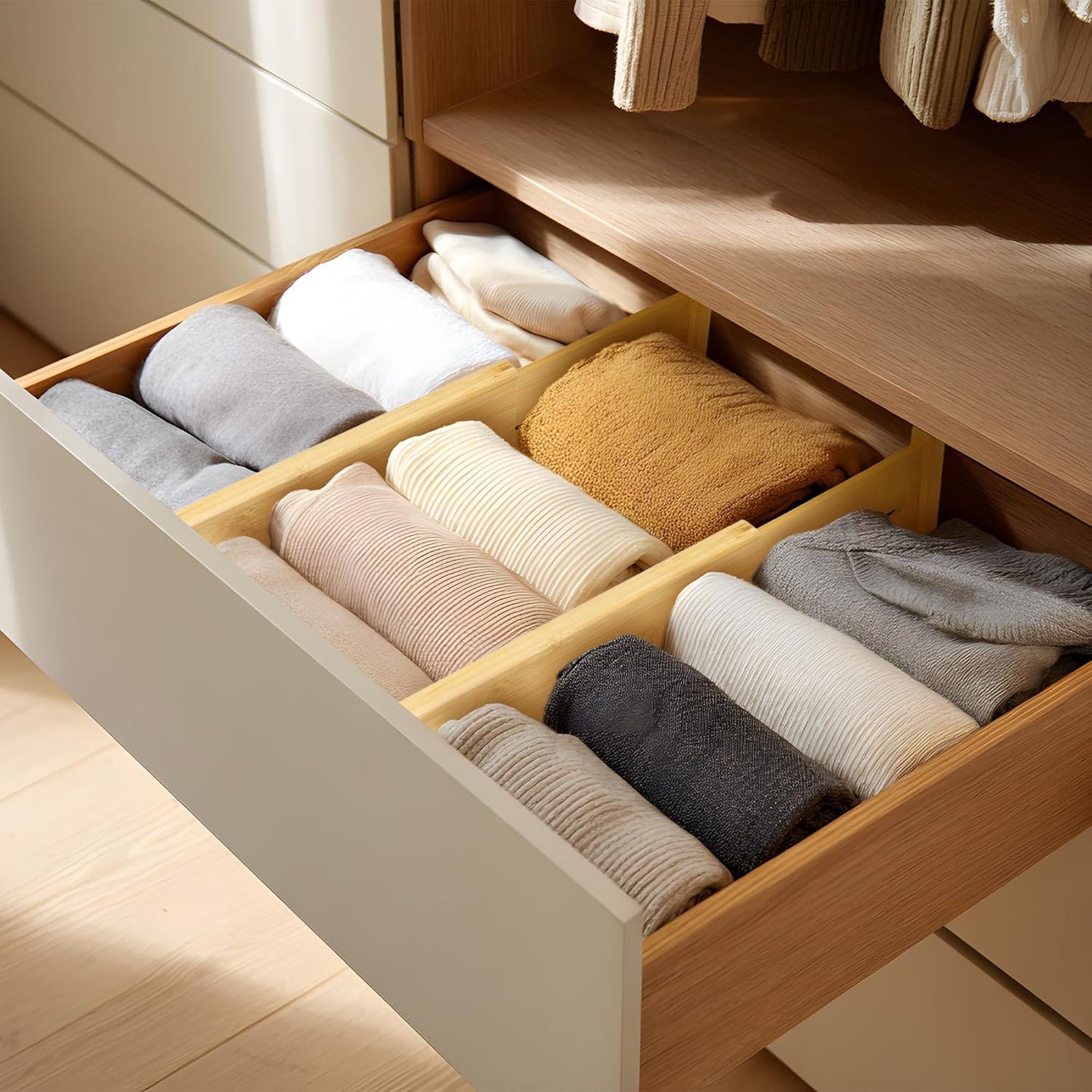 VaeFae 3 Pack Bamboo Drawer Dividers, 4" High Adjustable 11.9-17.1" Clothes Drawer Organizers, Expandable Separators for Bedroom/Bathroom/Kitchen/Office Storage