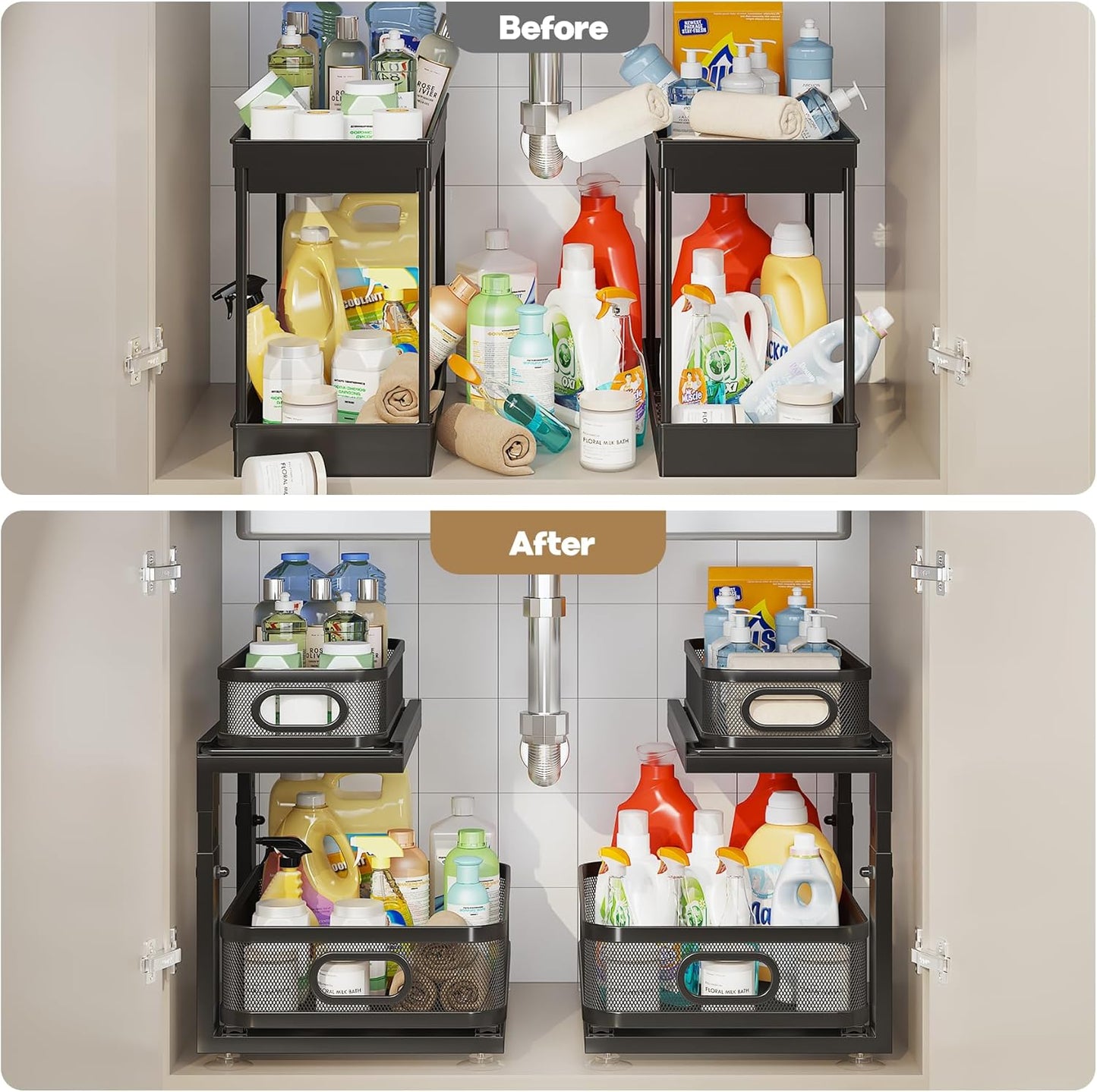 2 Pack Under Sink Organizer With Next-Gen Ball-Bearing Slides,2-Tier Precision Mesh Pull Out Cabinet Shelf Storage for Bathroom&Kitchen,Slide Out Drawers Height Adjustable,Rust-resistant