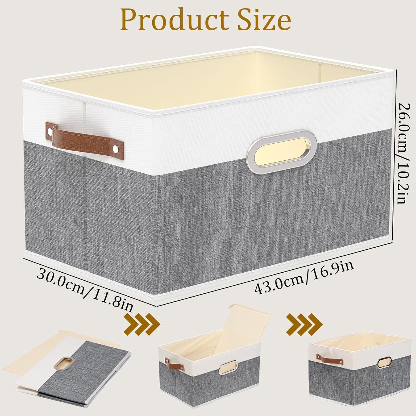 Yawinhe Fabric Storage Bins with Handles, Foldable Baskets for Shelves, Cubes with 3 Handles, Large Boxes for Clothes, White/Grey, 16.9''Lx11.8''Wx10.2''H, 4-Pack