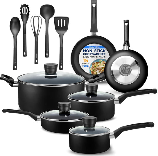 15-Piece Nonstick Kitchen Cookware Set - PTFE/PFOA/PFOS Free Heat Resistant Lacquer Kitchen Ware Pots Pan Set w/Bakelite Handles, Saucepan, Frying Pans, See-through Lid - SereneLife SLCW15BLK (Black)
