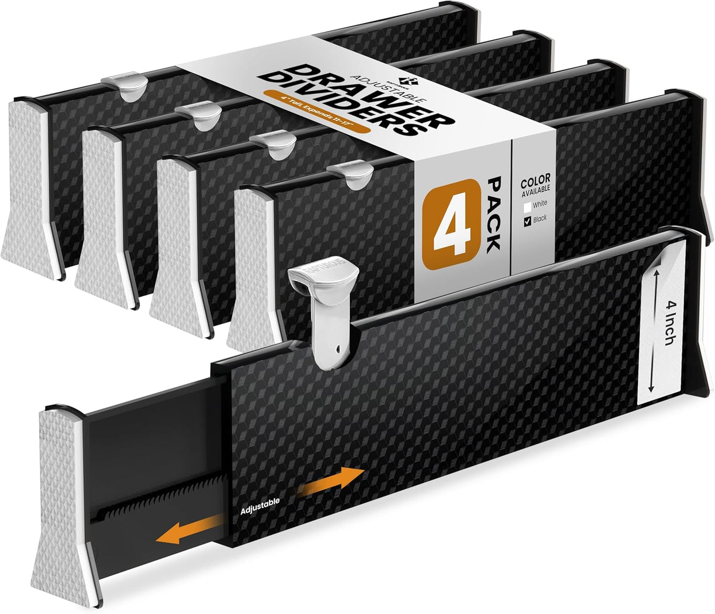 RAPTUROUS Adjustable Drawer Dividers 4 Pack, 4” High, 11-17” Long, Dresser Drawer Organizer for Bedroom, Closet, Kitchen, Nursery, Office, Strong Hold, Soft Foam Edges, Black