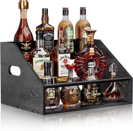3 Tier Wood Liquor Bottle Display Shelf, Coffee Syrup Organizer Rack, Wine Racks Countertop, Bar Shelf for Vodka Tequila Whiskey, Liquor Cabinet for Home Decor, Mini Bar, Black Bar Organizer