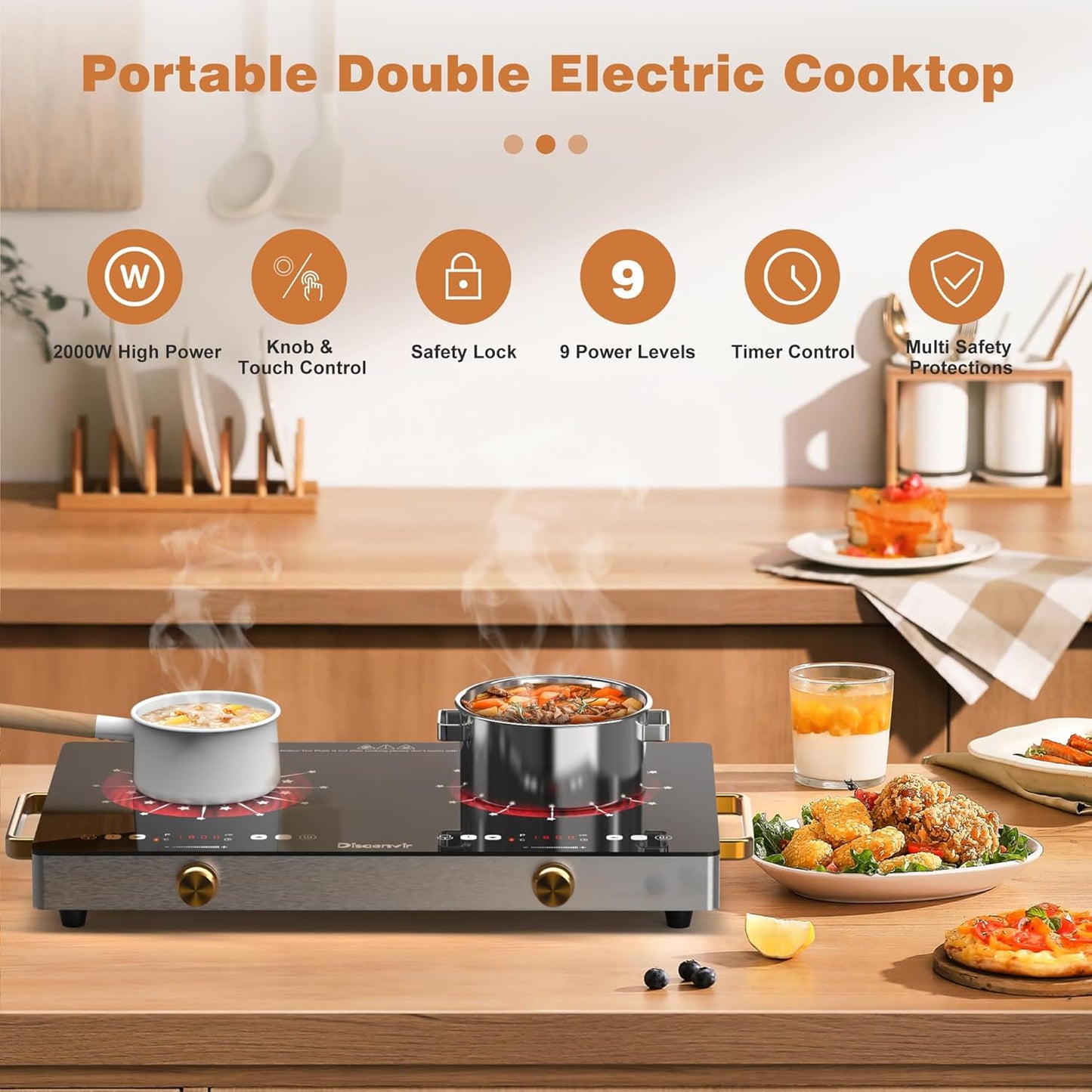 2 Burner Electric Cooktop 110V - 24 Inch Countertop Electric Stove with Handles 2000W, Two Burner Ceramic Burner with LCD Touch Screen and Knob Control, Timer, Safety Lock, 120V Plug in