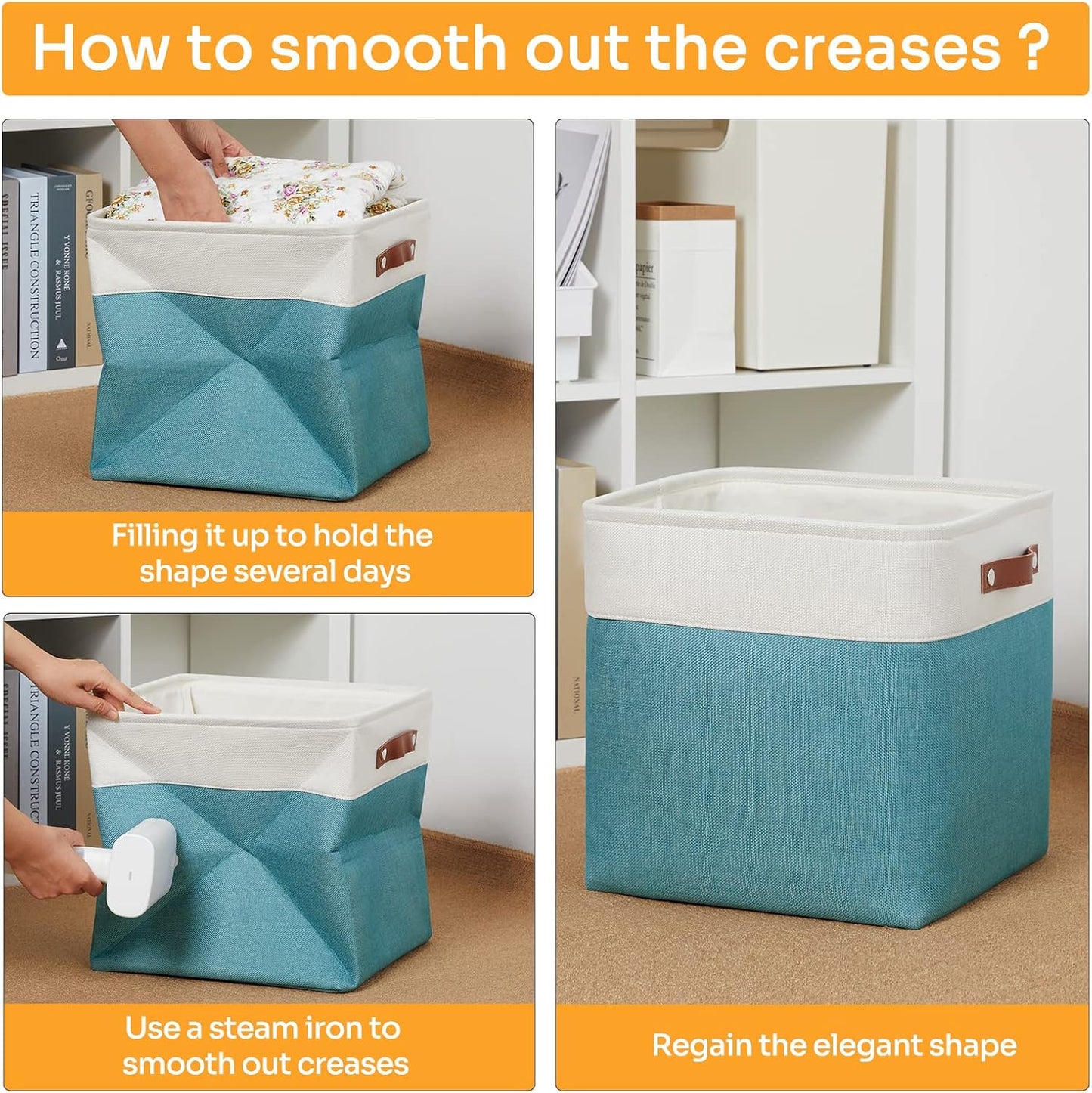 DULLEMELO Storage Bins for Organizing,Closet Storage Baskets for Gift Empty,Large Linen Canvas Storage Bins with Handles for Home Office Toys Shelves(White&Teal, 13 inch Cube)