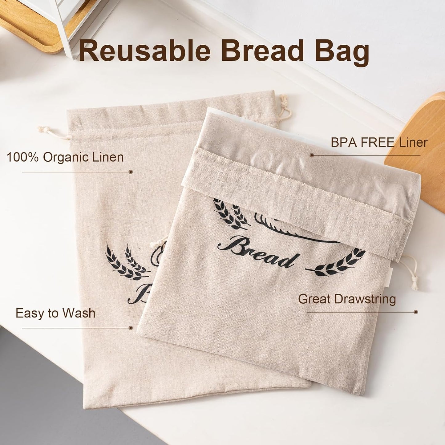 2 Pack Linen Bread Bags for Homemade Bread - Plastic Lined - Reusable Linen Sourdough Bread Storage Bags with Plastic Liner - 17" x 13"