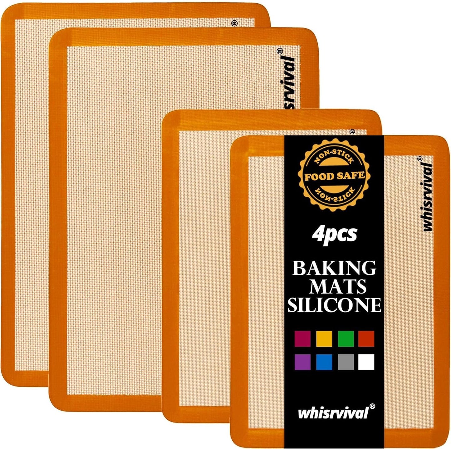 4 Pack Silicone Baking Mat, Non-Stick Silicone Baking Sheet, Food Safe, 480℉ Heat Resistant, 2 Half & 2 Quarter (Orange)