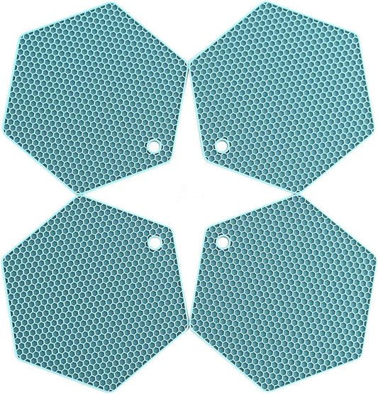 4 Packed Silicone Trivet Mats - DIY Different Size Dish Drying Mat, Hot Pot Holder for Pots & Pans, Non-Slip & Heat Resistant Kitchen Hot Pads for Countertops & Table, Turquoise