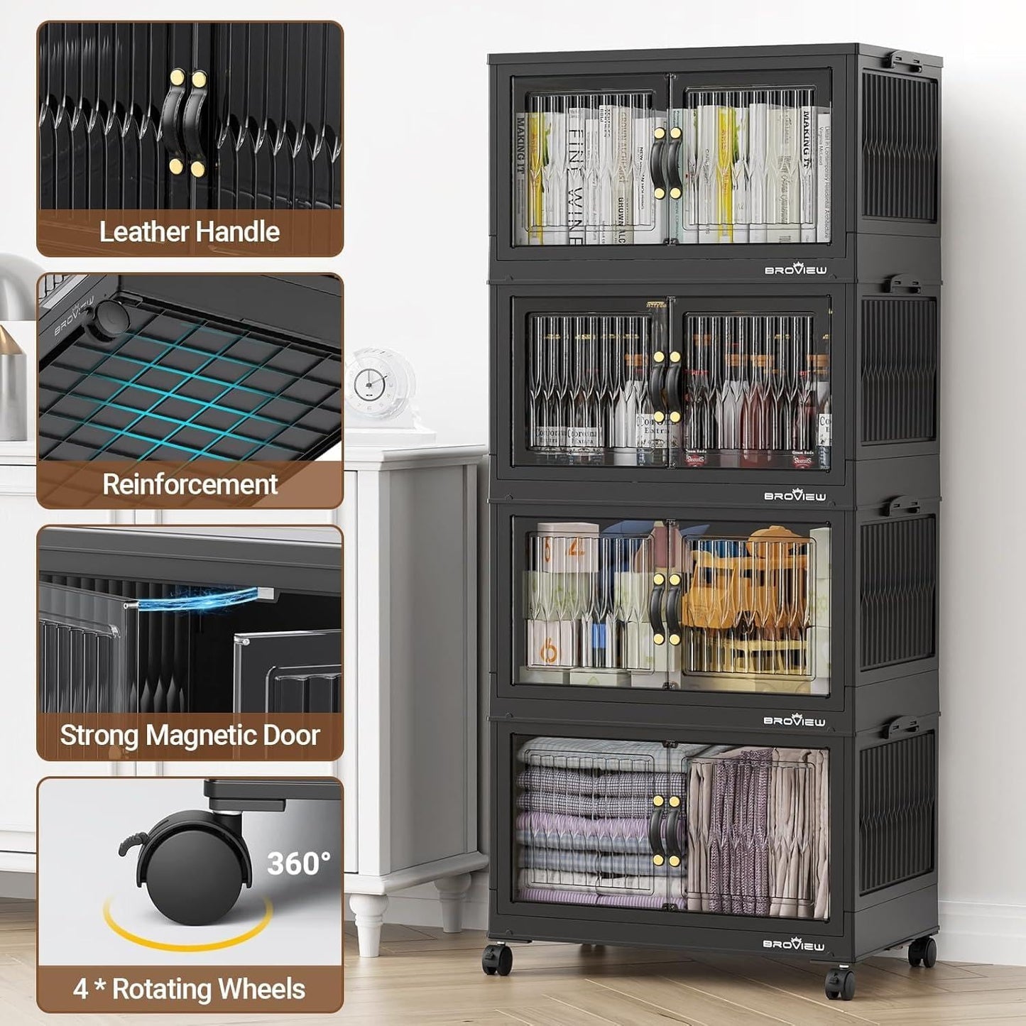 240Qt Stackable Storage Bins with Lid, Extra Large Closet Organizer Collapsible Drawer Boxes with Wheels, Folding Plastic Cabinet Containers for Home Kitchen Room Organization, 3Pack Black