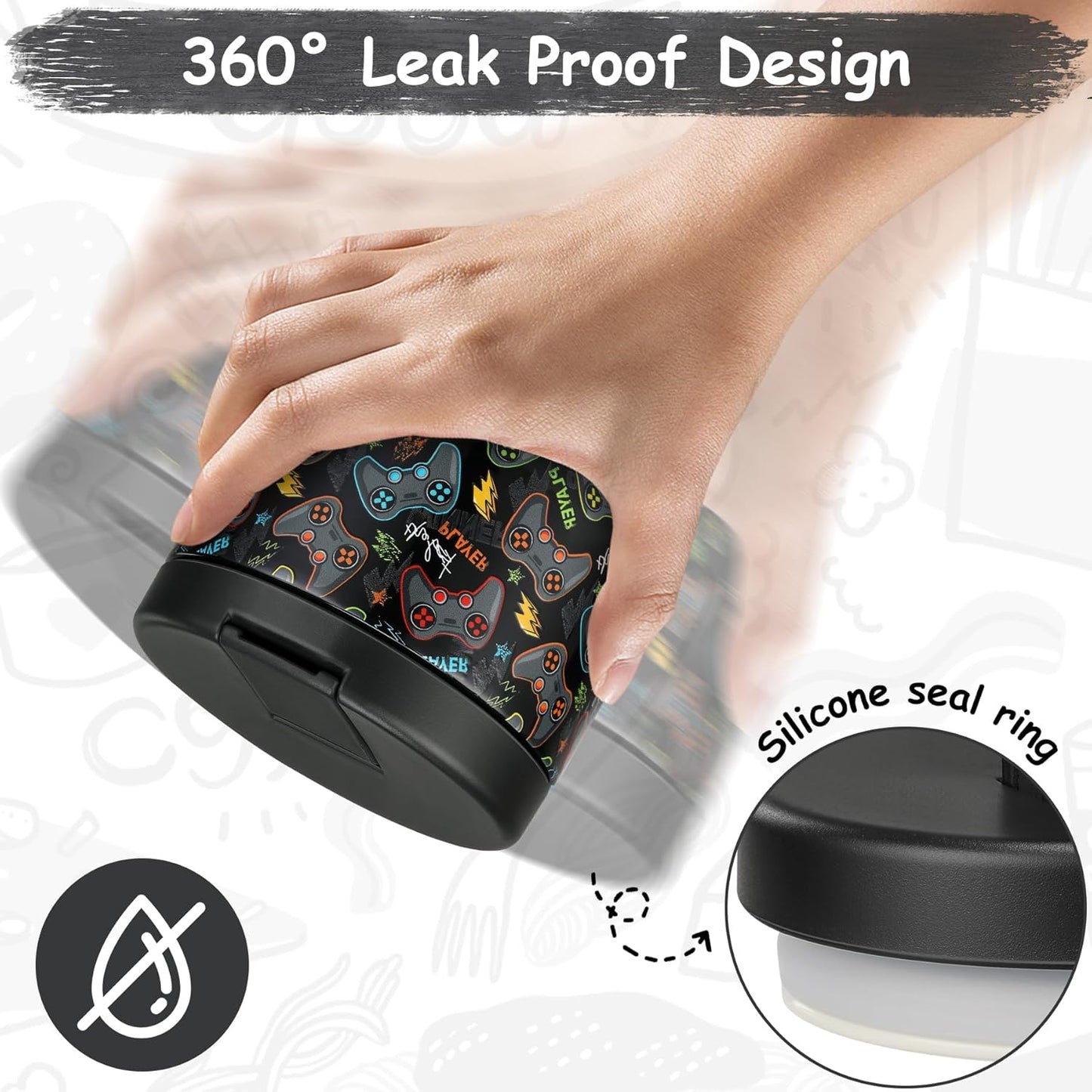 12oz Insulated Vacuum Food Jar with Buckle Lid Wide Mouth Soup Thermo for Hot Food Kids Leakproof Stainless Steel Lunch Container (Black-Game)