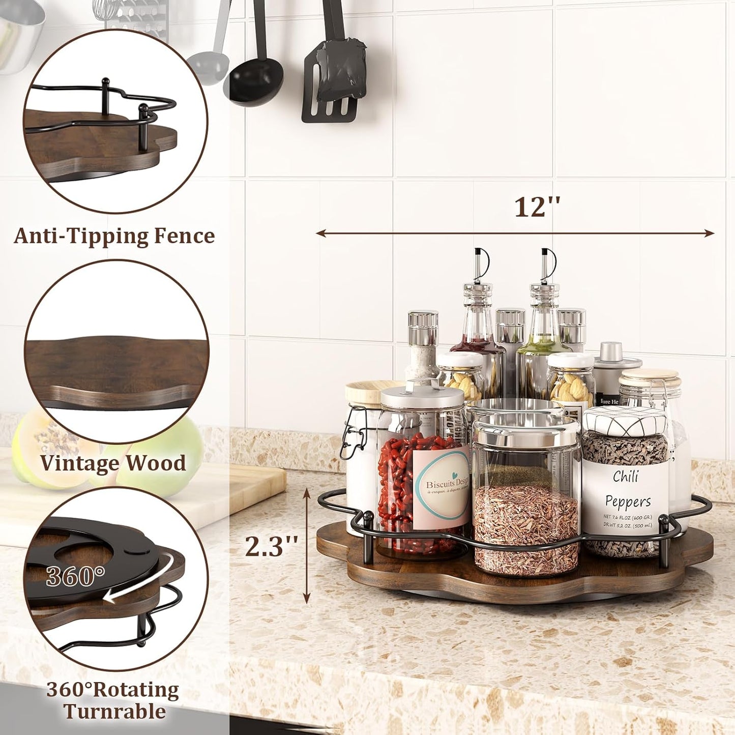 12" Lazy Susan Turntable Organizer,Round Wooden Lazy Susan Organization and Rotating Spice Rack for Dining Table,Pantry,Kitchen Countertop,Vanity,Cupboard and More.Vintage Wood(Petal Shape)