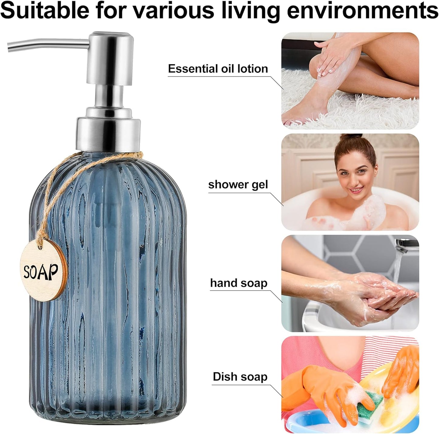 16 OZ Soap Dispenser，Tempered Glass Clear Vertical Stripe with 304 Rust Proof Stainless Steel Pump Refillable Liquid Hand Soap Dispenser，for Bathroom, Kitchen, Dish Soap，Lotion (Blue Grey)