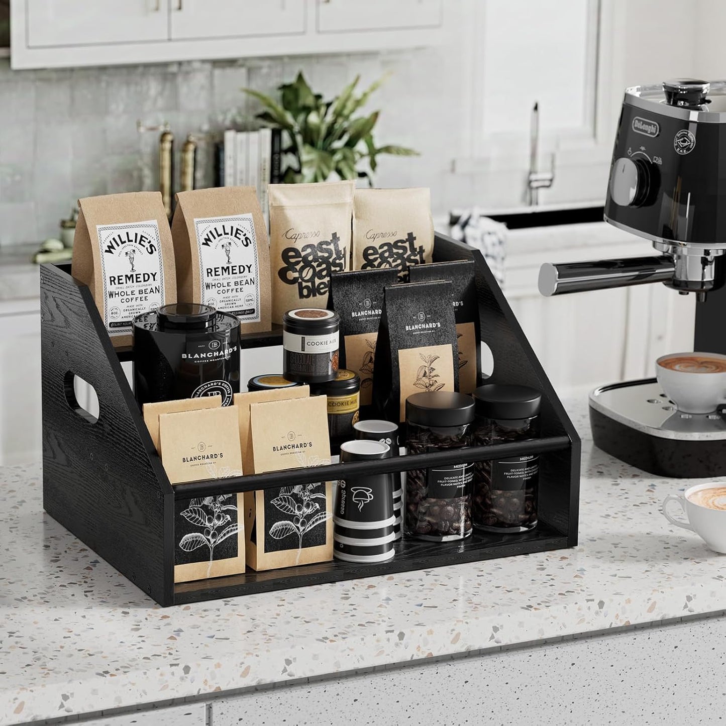 2Pack 3 Tier Wood Liquor Bottle Display Shelf, Coffee Syrup Organizer Rack, Wine Racks Countertop, Bar Shelf for Vodka Tequila Whiskey, Liquor Cabinet for Home Decor, Mini Bar, Black Bar Organizer