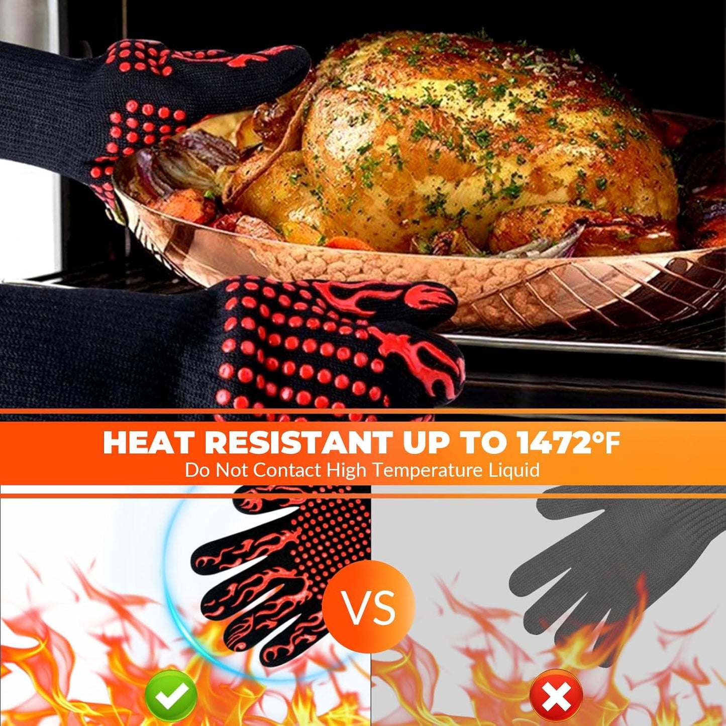 1 Pair Grill Oven Mitts, 1472°F Heat Resistant BBQ Gloves for Cooking, Non-Slip Silicone Oven Gloves, Barbecue Grill Gloves BBQ Mitts (Red-Flame Pattern)