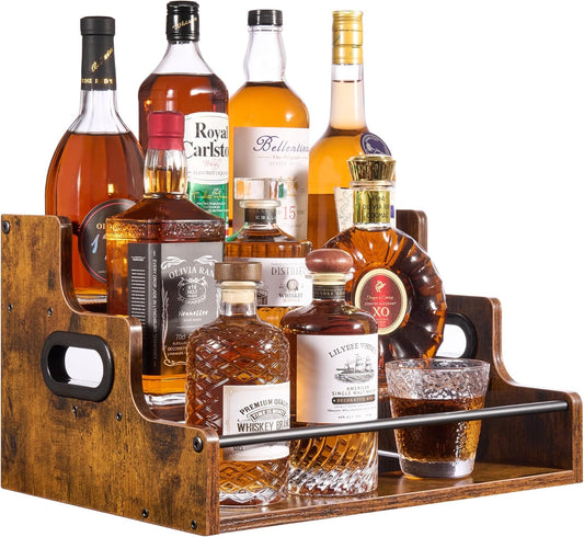 3-Tier Liquor Bottle Display Shelf - Holds up to 12 Bottles, Rustic Wood Bar Shelves for The Home Bar, Countertop Whiskey and Bourbon Organizer with Anti-Slip Pads