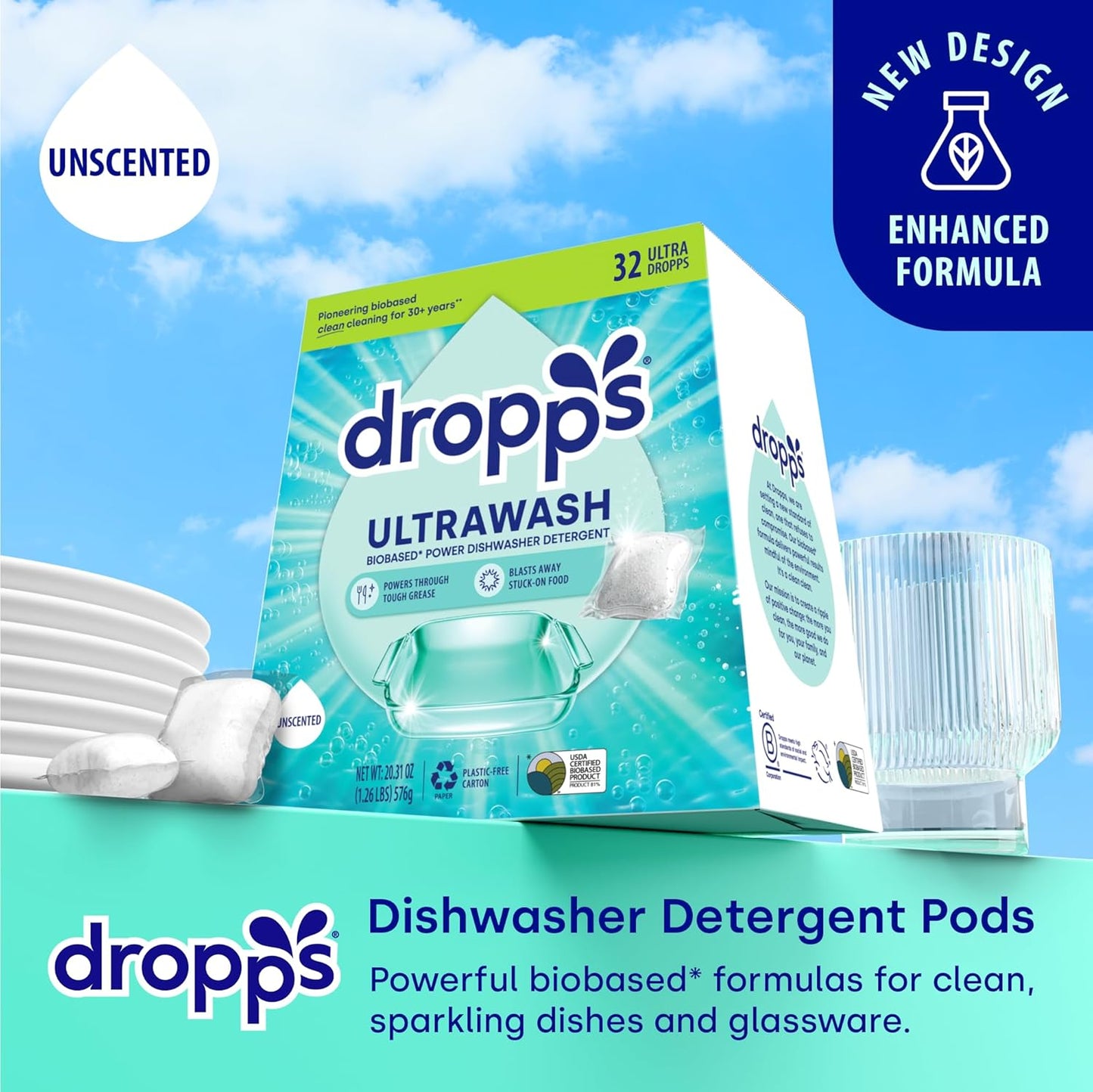 Dropps UltraWash Dishwasher Pods, Unscented (32 Count) - Biobased Power Deep Clean Dishwasher Detergent Tablets for Sparkling Shiny Dishes - No Rinse Aid or Pre-Wash Needed - Dishwashing Pods
