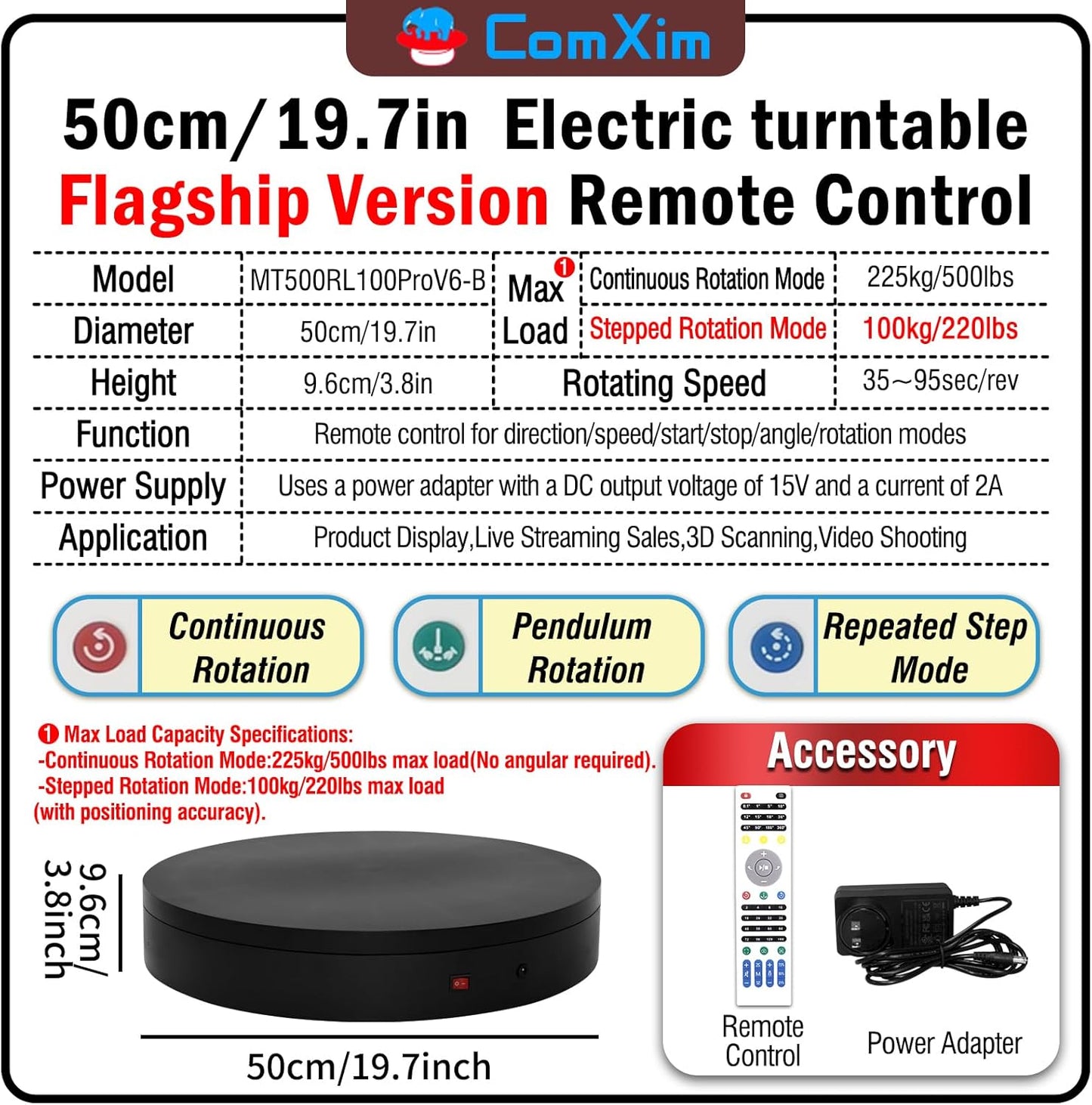 19.7In Remote Large Motorized electric turntable Rotating platform Photography Turntable Motorized lazy susan Base giratoria para for Photography,3D Scanner,Heavy duty display(Load Range:220~500lbs)