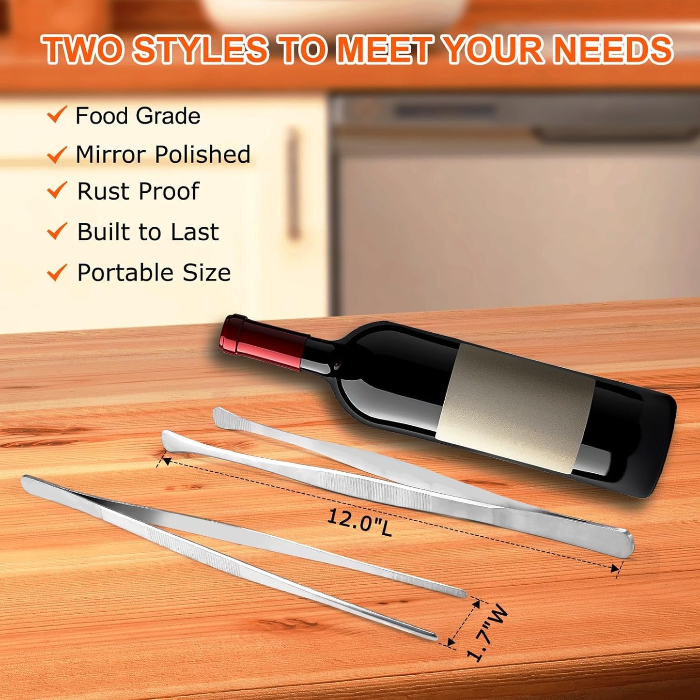 2Pcs 12-inch Kitchen Tweezers for Cooking, Kitchen Tweezer Tongs, Fine Stainless Steel Cooking Utensils Set for Steak, Salad, Pasta, Bacon, Sausage, BBQ, Toast, Aquarium, Silver, Achiwish